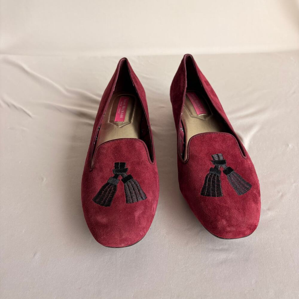 Isaac Mizrahi Burgundy Suede Loafer Flats - Tassel Detail, 7.5